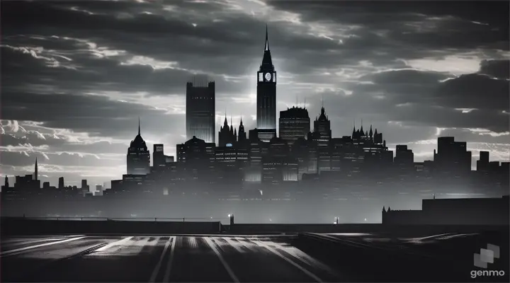 Gotham City skyline viewed from a cinematic perspective with the imposing prison towering in the distance