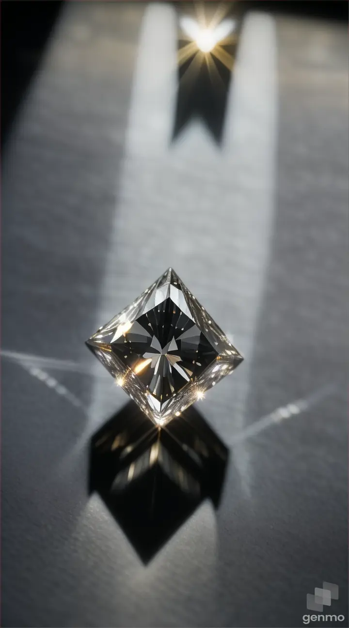 Radiant cut white diamonds on a black stone floor, illuminated by a single beam of light that casts dramatic shadows