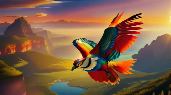 Huma Bird: "Craft a vibrant depiction of the Huma bird, the legendary creature from Persian mythology known as the bird of paradise. This bird never lands, soaring perpetually in the sky, symbolizing eternal freedom. The Huma is illustrated with resplendent feathers of myriad colors, each shimmer reflecting the sky and sun. Its wings are expansive and majestic, catching the wind gracefully. The background features a high celestial vista, with clouds swirling around and a faint outline of mountains below, symbolizing its high domain and the luck it bestows from above as its shadow passes over creatures on the ground."