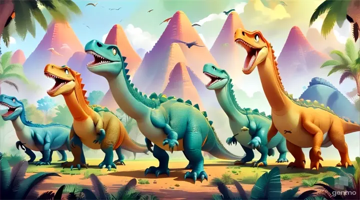 a group of dinosaurs in the jungle