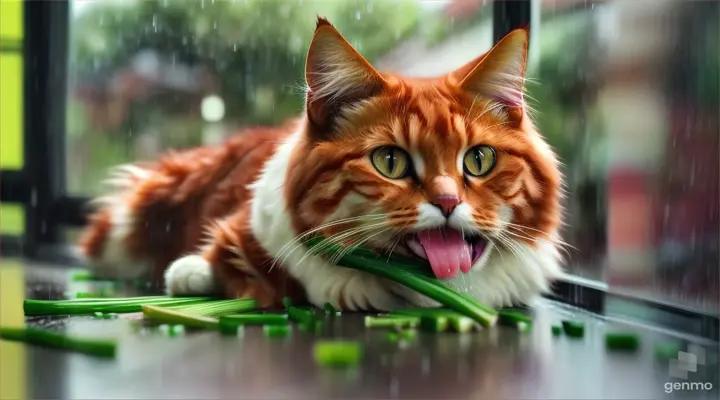 Realistic fluffy red funny cat eats green onions with pleasure, the cat smiles,
which grows in a pot on the windowsill overlooking the courtyard, outside the window wet rainy weather is realistic, high resolution , high detail