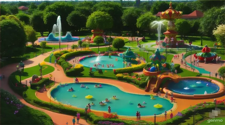 please create A beautiful century's park with lots of paying activities like sliders fountain, and many more thing for the kids... with swimming poo...full screen video