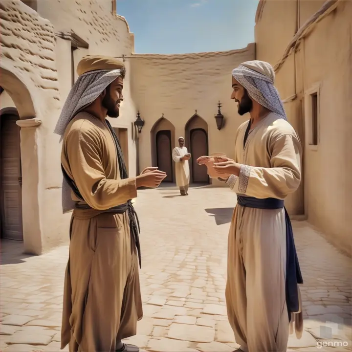 two men standing in a courtyard talking to each other