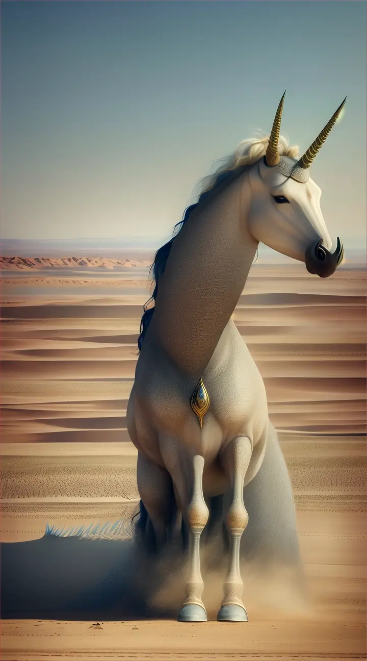 Karkadann: "Envision the Karkadann, akin to a mythical unicorn from Persian legends, portrayed in a rugged, wild landscape similar to the steppe or desert. This fearsome beast has a large, single pointed horn at the center of its forehead, which glistens under the harsh sunlight. Its body resembles that of a rhinoceros, with thick, protective skin and a powerful frame. Around the Karkadann, sparse vegetation and a few hardy trees dot the landscape, emphasizing its solitary nature. The sky is a brilliant blue, casting a harsh light on the scene that highlights the Karkadann’s formidable presence."