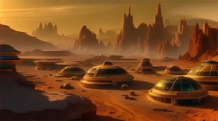 a sci - fi sci - fi city in the middle of a desert, On Mars, Martian habitats