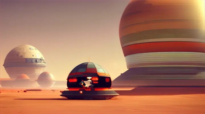 Two explorers lounging under the shade of a Martian-themed umbrella in Mars; they're surrounded by Martian futuristic architecture, tech farms, space cars, while their spacecraft is faintly visible in the distance