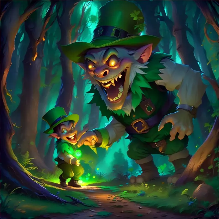 a little boy and a green lepreite in a forest