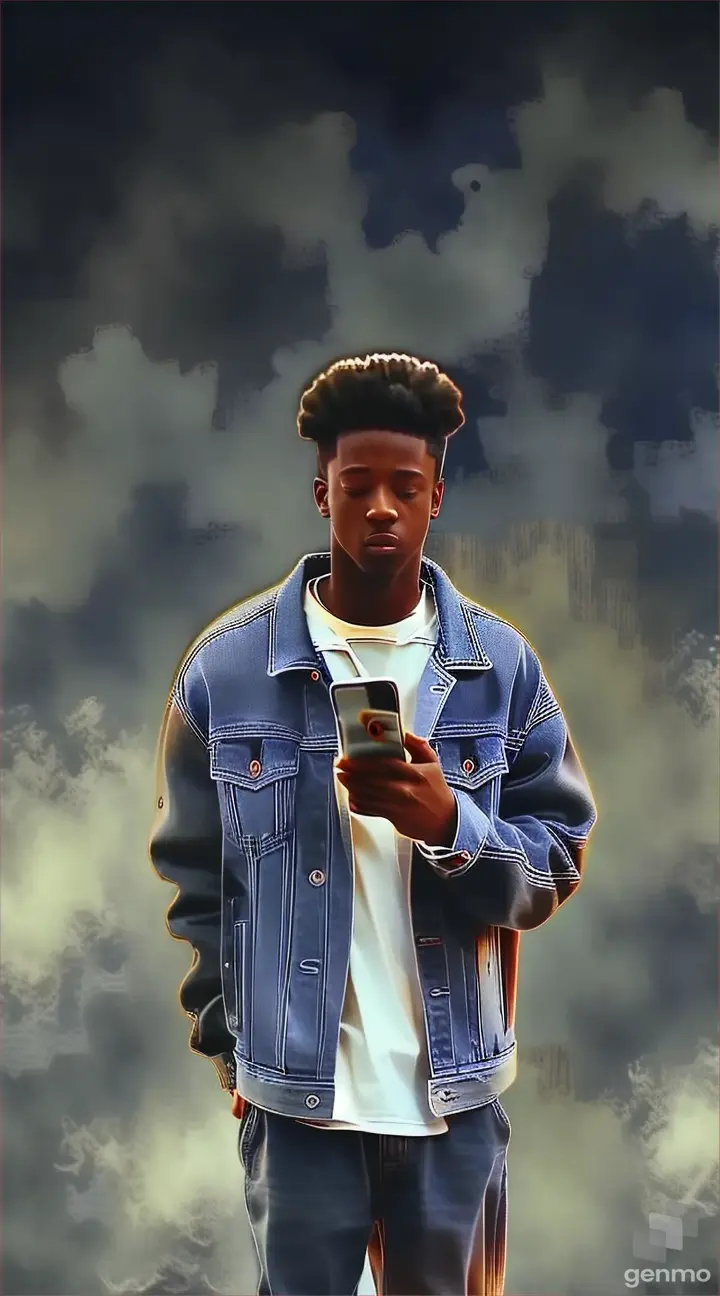 a man in a denim jacket is looking at his cell phone