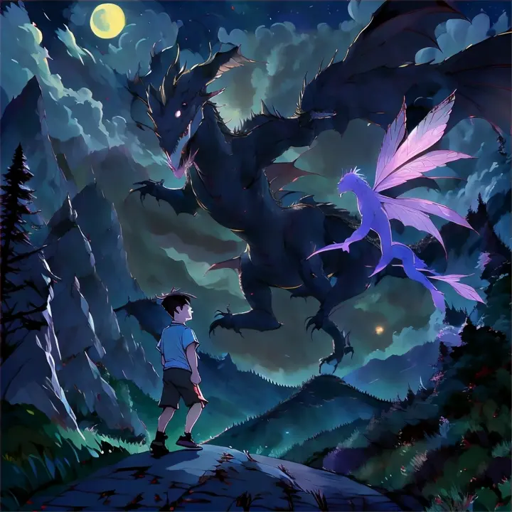 a boy standing next to a dragon on a hill