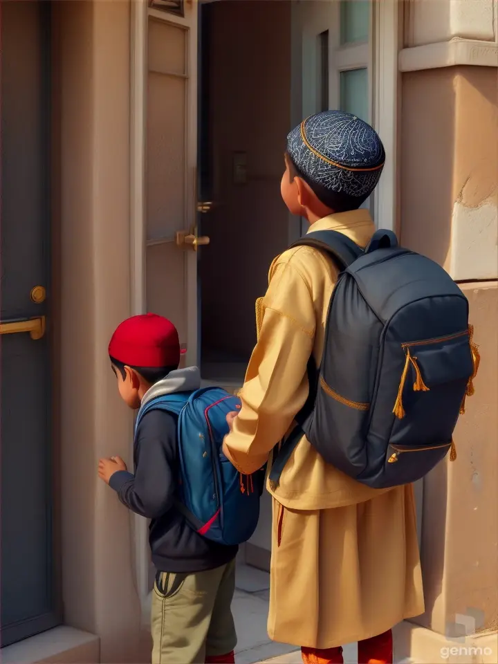 Muslim boy saying bye to mom before going to school