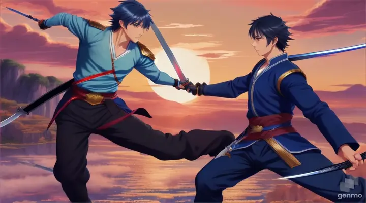 A sweet-faced young man wearing blue swordsman clothes jumped with his sword towards the black-clothed man.anime