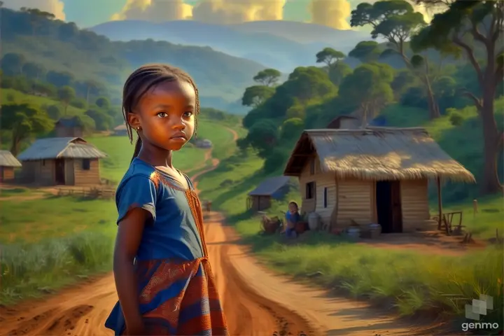 a young girl standing in front of a dirt road