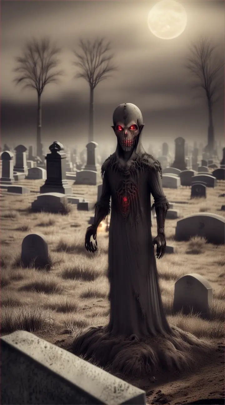 Ghoul: "Depict a Ghoul from Persian mythology as a sinister figure lurking in a desolate graveyard. This fiendish creature has a gaunt, emaciated body and is seen digging up graves, its hands covered in soil and decay. The Ghoul's face is partially obscured by darkness, with glowing red eyes peering out, hunting for prey or carrion to consume. The setting is moonlit, with a bleak landscape of tombstones and dead trees, enhancing the ghoul’s connection to death and the macabre. A faint fog covers the ground, and the overall tone is one of dread and desolation."