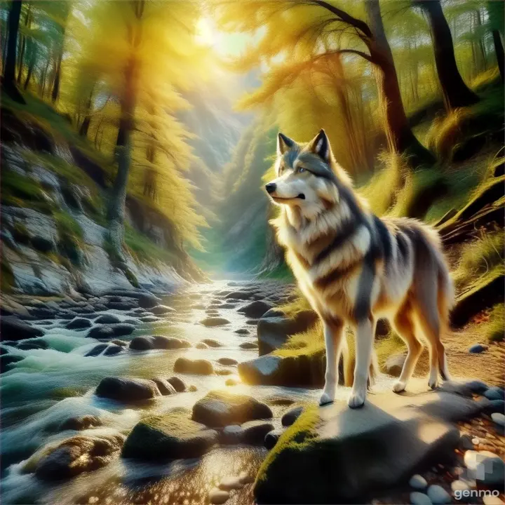 a wolf standing on a rock next to a river