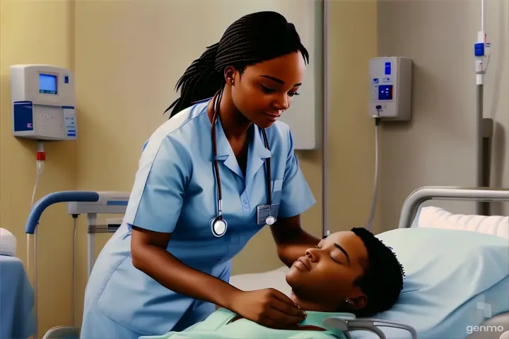 a nurse is tending to a patient in a hospital bed