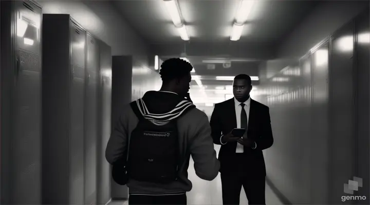 a hand holding a cell phone showing that it is calling a black man, inside a school hallway, realistic