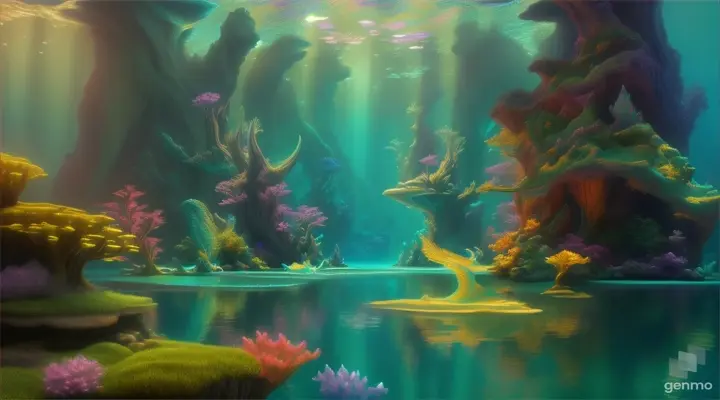 A mystical realm of unicorns and dragons swimming in a dreamlike, glowing underwater world