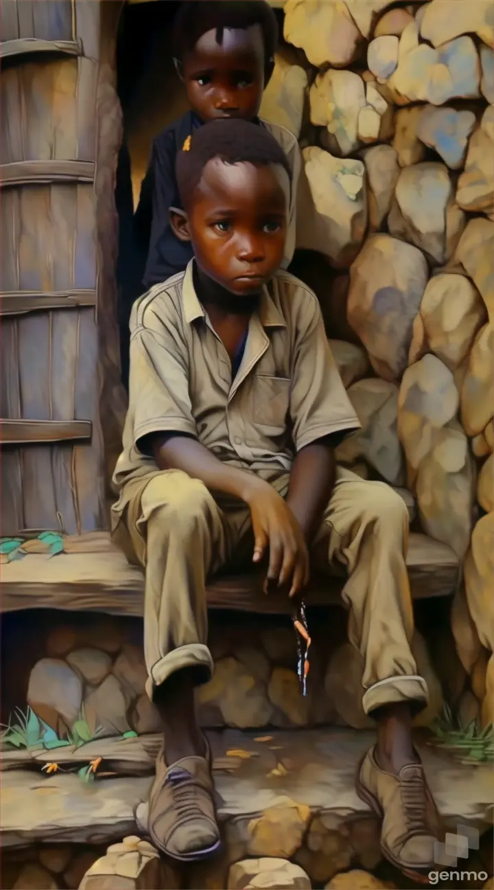 A painting of an African boy sitting alone