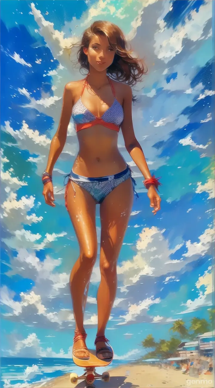 a woman in a bikini riding a skateboard on the beach