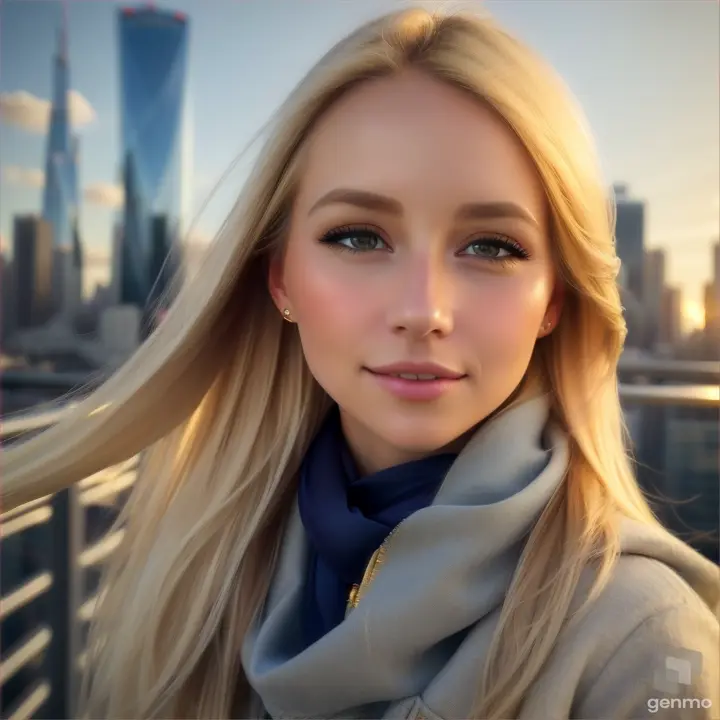 lively natural European girl opens/closes her eyes, her blonde hair fluttering in the wind and a silky scarf, a high-tech cityscape with skyscrapers is visible on the horizon