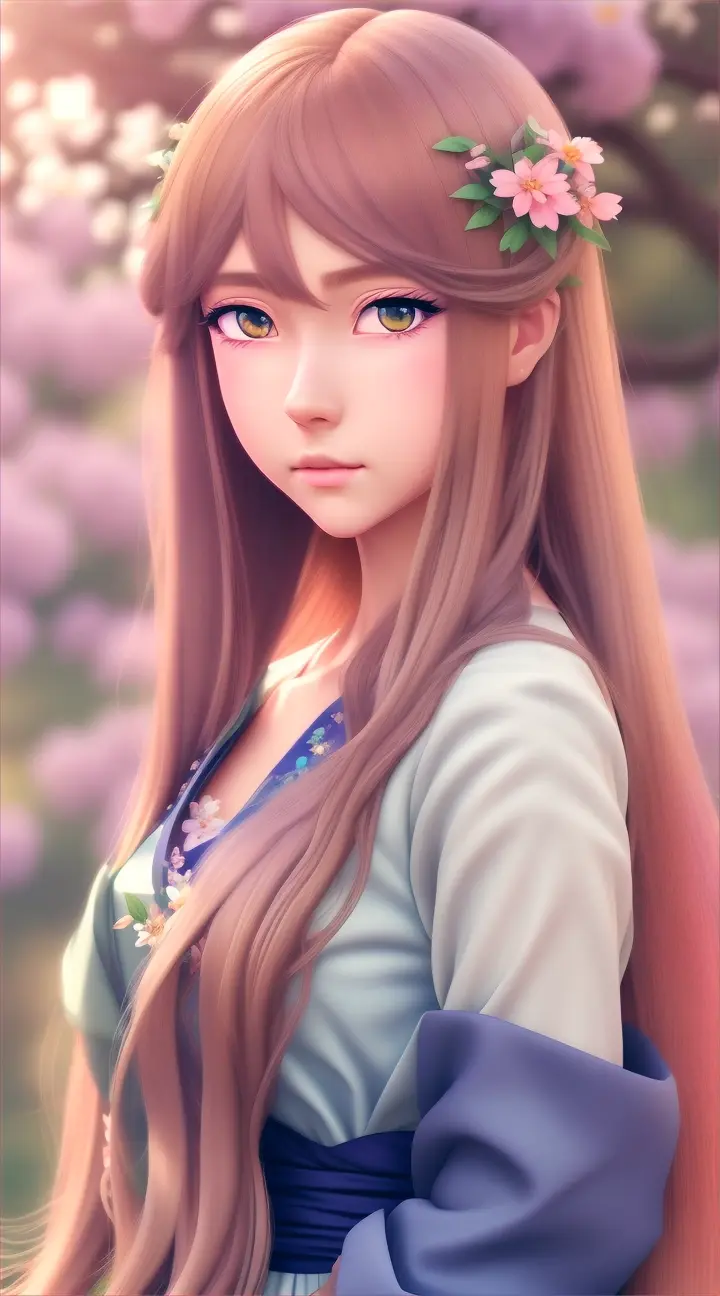 Beautiful 2D anime girl, closed up, beautiful garden