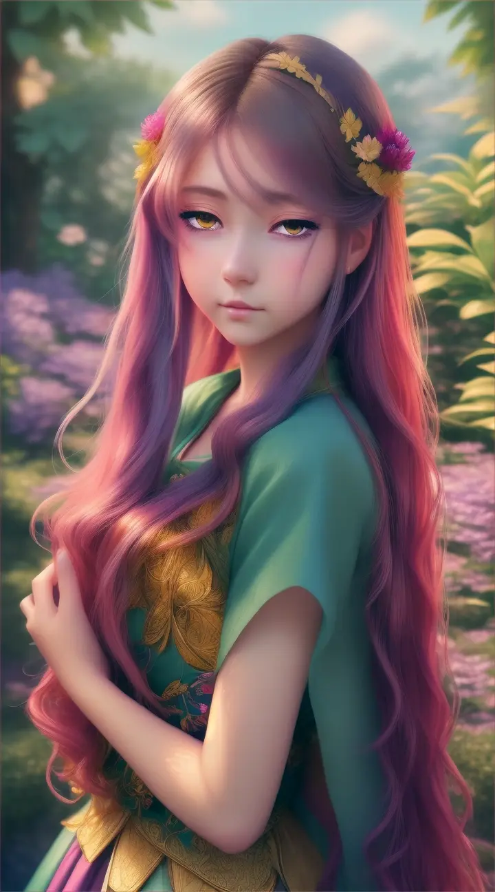 Beautiful 2D anime girl in fantasy style, closed up, beautiful garden