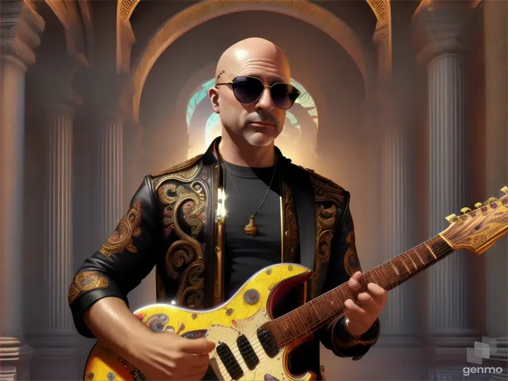 Bald man with sunglasses playing electricguitar in temple