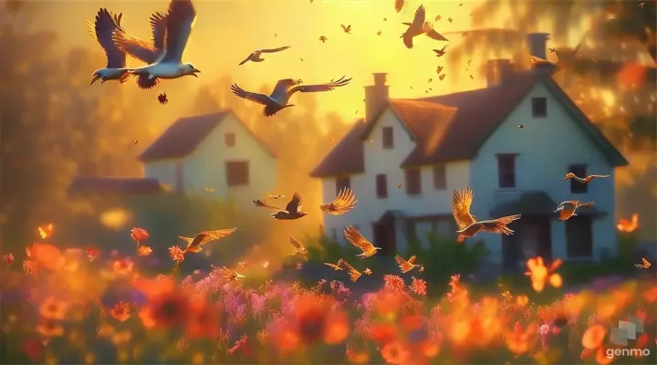 a flock of birds flying over a field of flowers