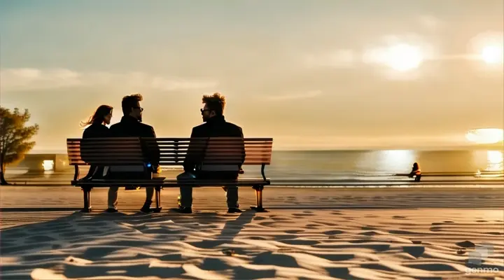 a man and a woman sitting on a bench on the beach