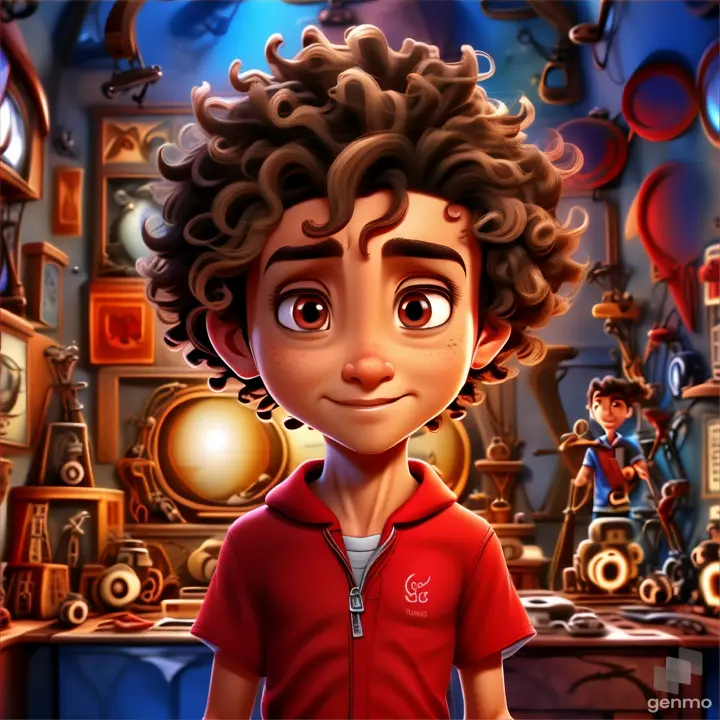 a cartoon boy with curly hair and a red shirt, make boy moving 