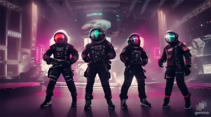 cyberpunk apes punkrock band with astronaut helmets and white masks performing on a stage