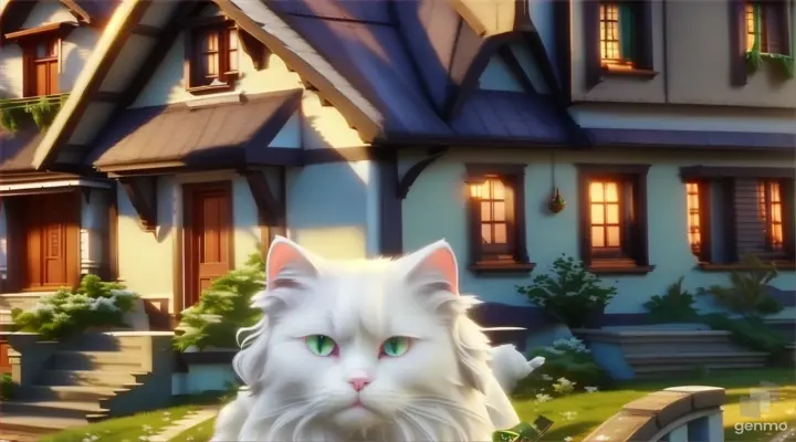 a white cat with green eyes standing in front of a house, winking her eyes