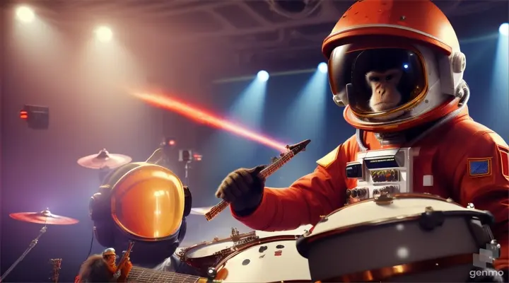 monkey band with astronaut helmets performing on mars