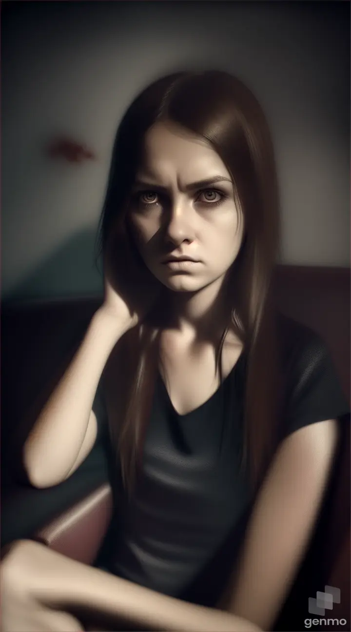 girl sitting on the sofa with a scared face looking at the clock in a scary environment