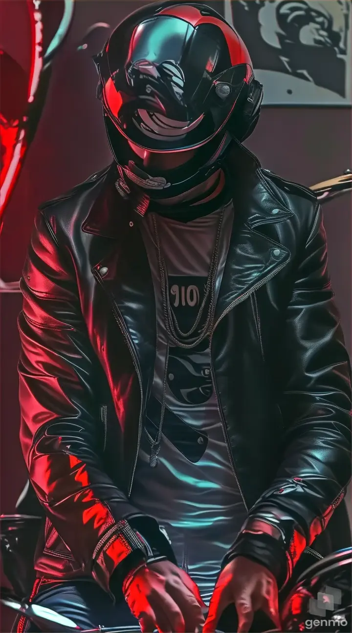 a man in a leather jacket and helmet playing a drum set