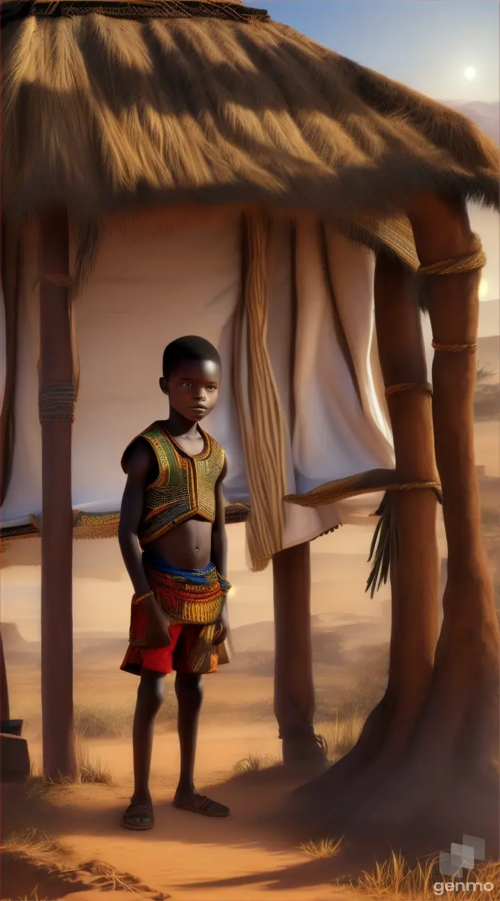 A painting of an African makeshift shelter, with a young boy standing in front of it