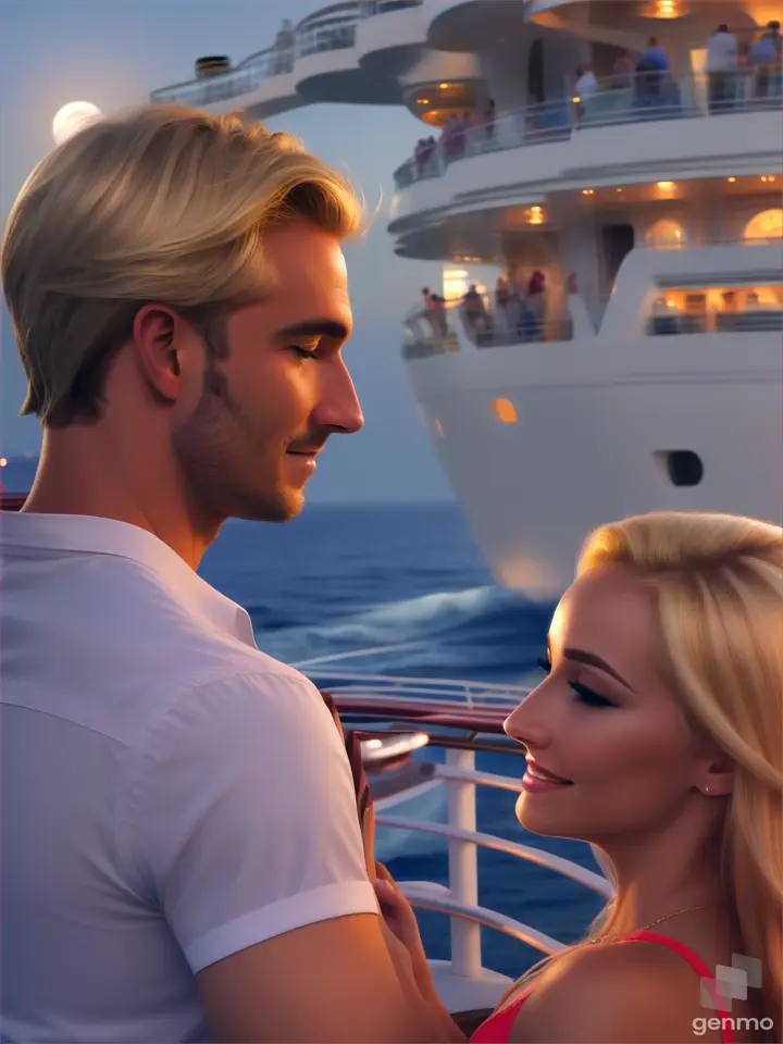 Man and blonde woman on a cruise deck under a full moon