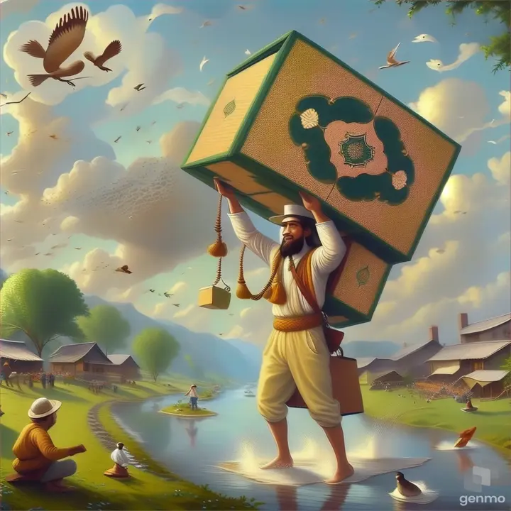 a painting of a man carrying a box over his head