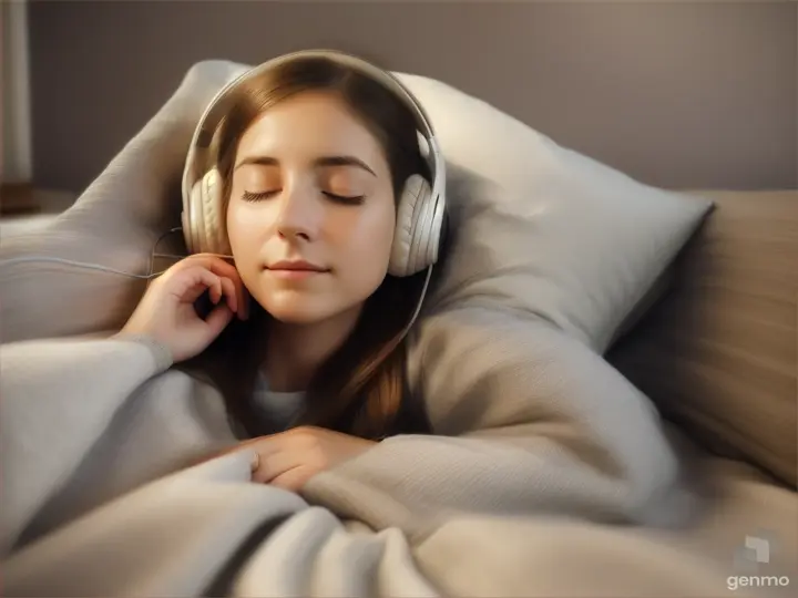 a woman relaxing by listening to music to sleep