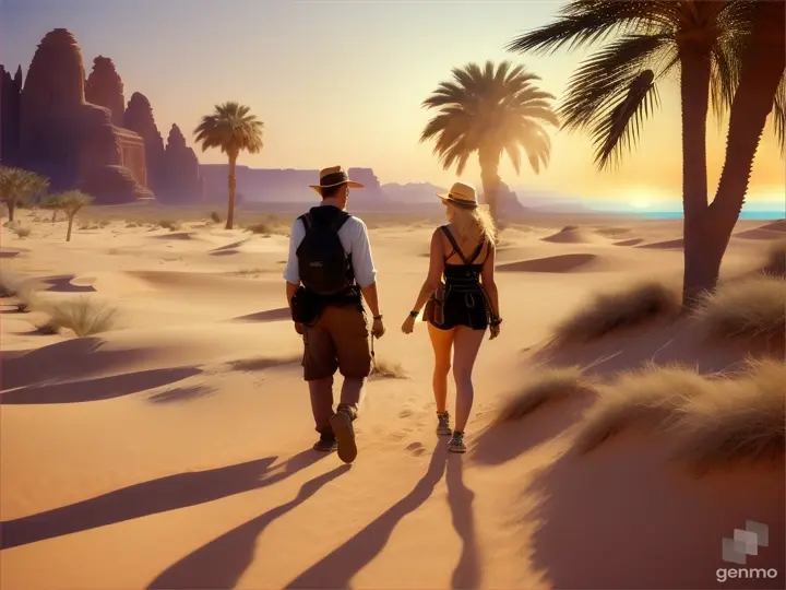 Two friends explore a glimmering oasis in a desert, searching for treasure beyond imagination.