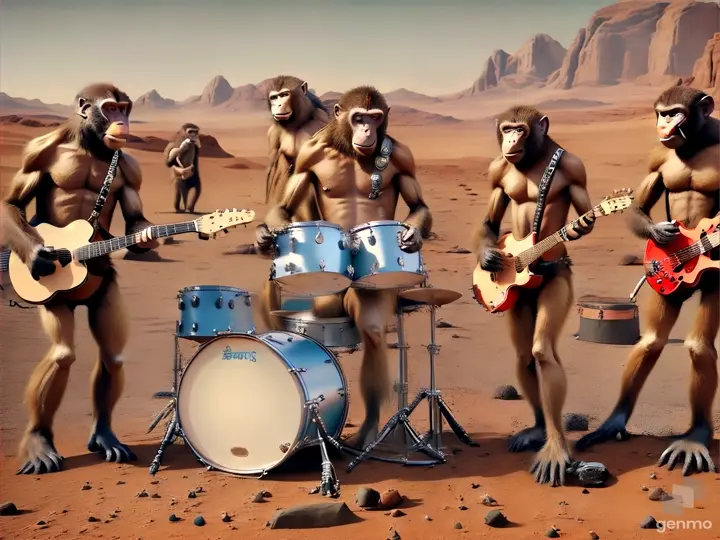 a group of monkeys playing instruments in the desert