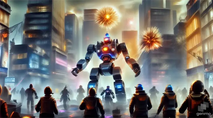 A robot exploding in an explosion of bright neon light and color