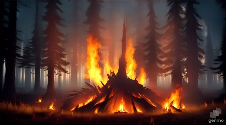 A burning fire at night in the forest, 16:9