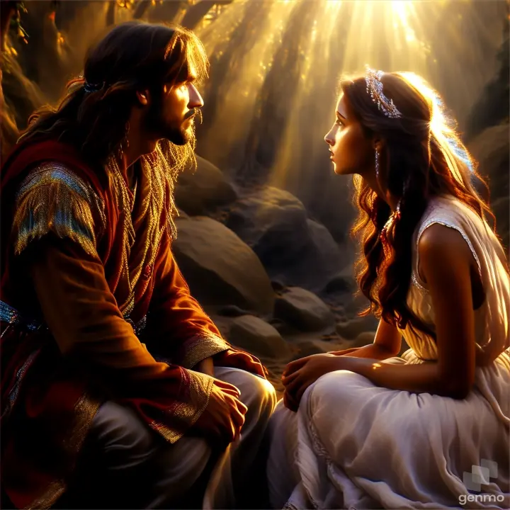 a woman sitting next to a man in a white dress