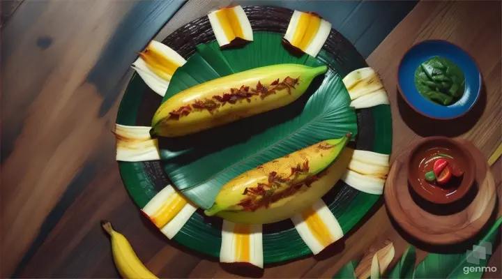 a large banana leaf covered in food on top of a table in 16:9 ratio