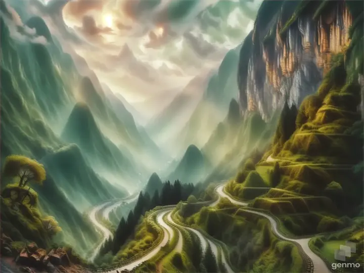 a painting of a winding road in the mountains