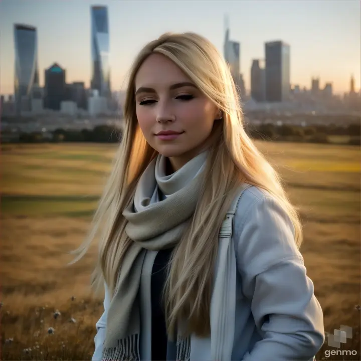 lively natural European girl opens/closes her eyes, her blonde hair fluttering in the wind and a silky scarf, a high-tech cityscape with skyscrapers is visible on the horizon