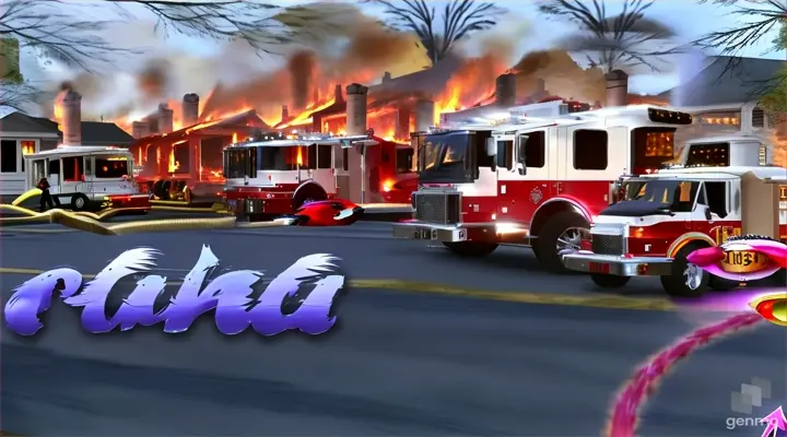 a fire truck and a duck in front of a fire, siren lights blue and red 