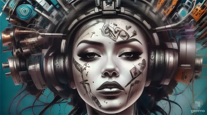 An art poster for a music festival of a side shot portrait of a woman's head with music notes coming out of her mouth, a microphone, synthesizer, a trumpet, a guitar, a drum-set, all the bands instruments and speakers are showed exploding out of her helmet, instruments & music coming from her head, HD 32K masterpiece