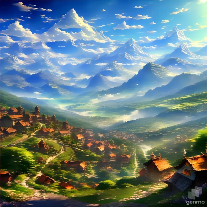 a painting of a village in the mountains